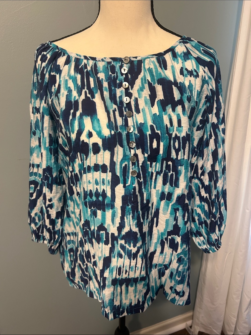 Tommy Bahama Navy Teal and White Button-Front Tunic Blouse